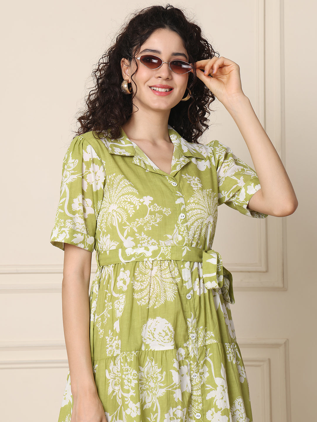 Aawari Olive Green Floral Print Shirt Dresses With Waist Tie-Up