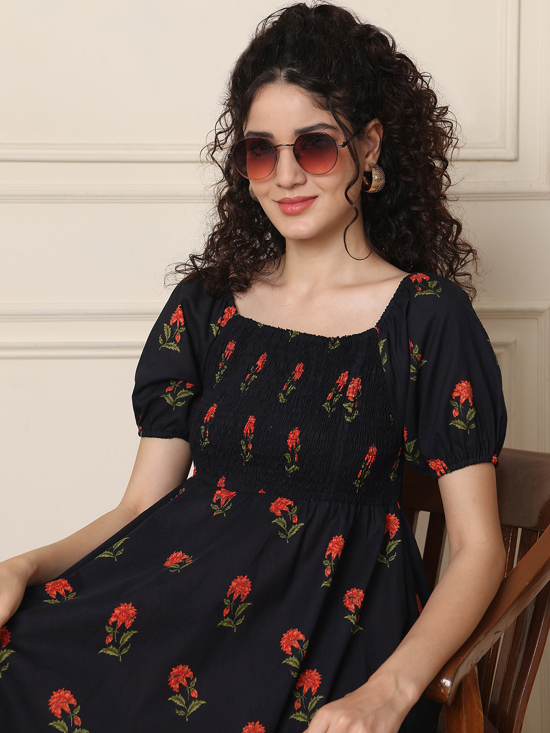 Aawari Unique Cotton Printed Off Shoulder Dress