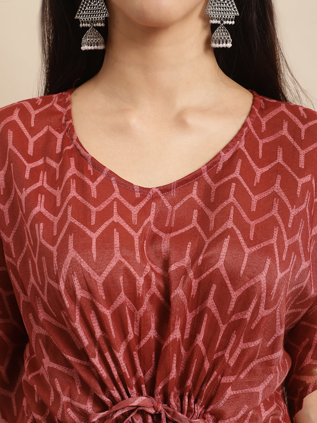 Chanderi Maroon Geometric Printed Tie-Up Kaftan Gown