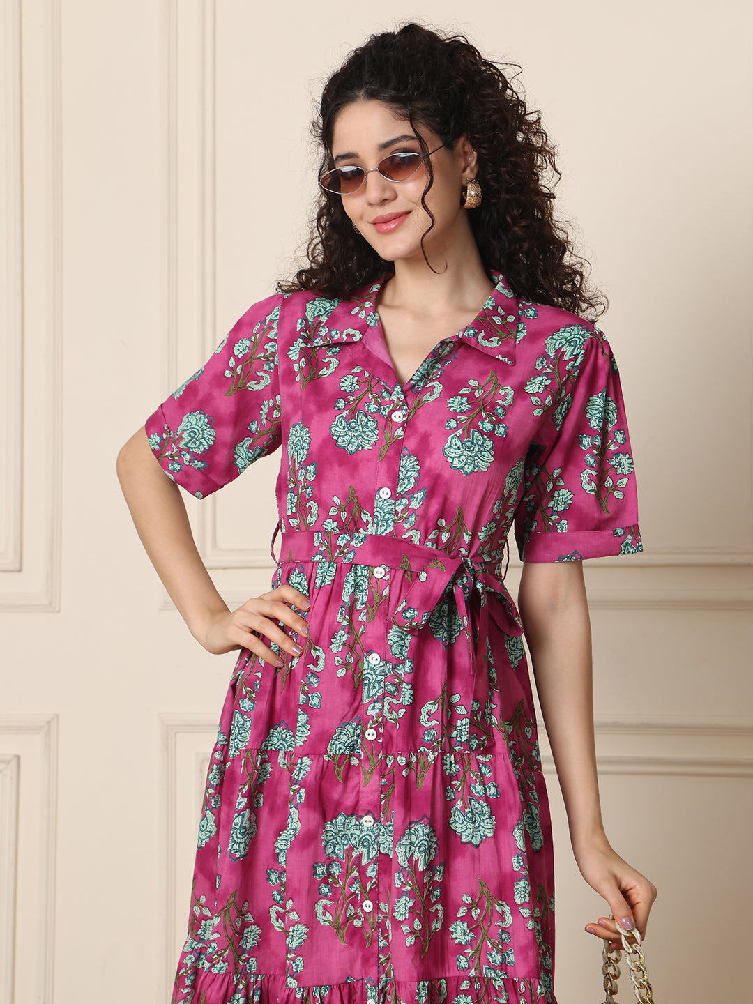 Aawari Cotton Printed Shirt Collar Dress