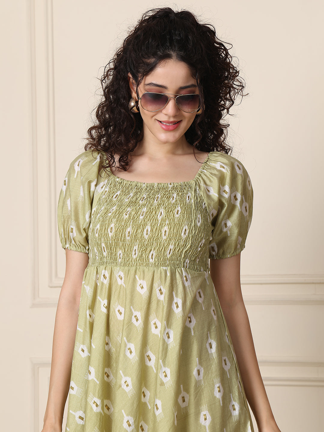 Aawari Chanderi Unique Printed Off Shoulder Dress