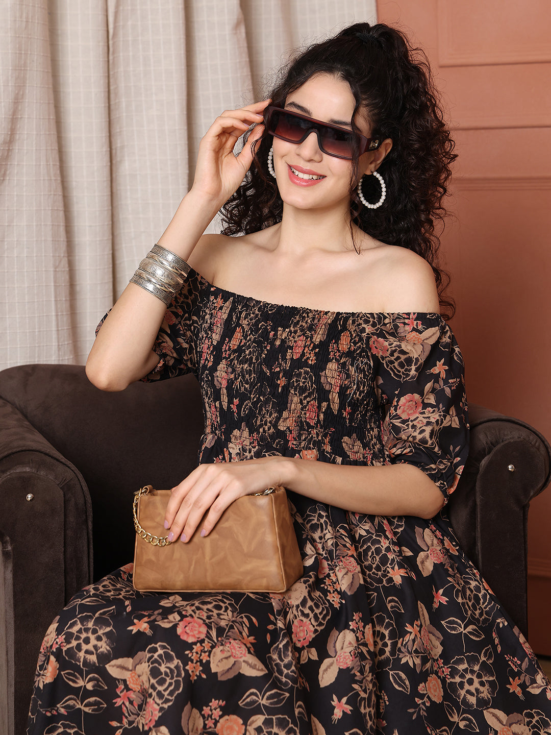 Aawari Unique Cotton Printed Off Shoulder Dress