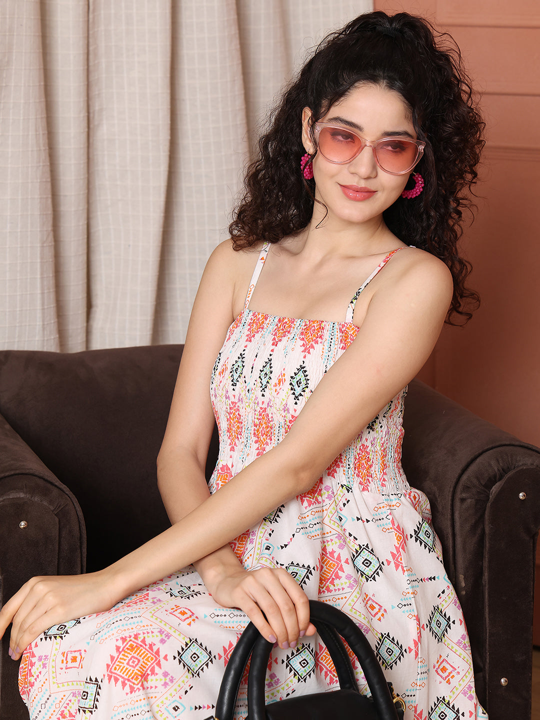Aawari Cotton Unique Printed Spaghetti Strap Dress - Western wear