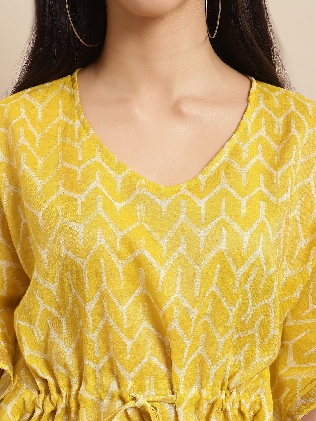 Chanderi Yellow Geometric Printed Kaftan Top With Bell Sleeve 