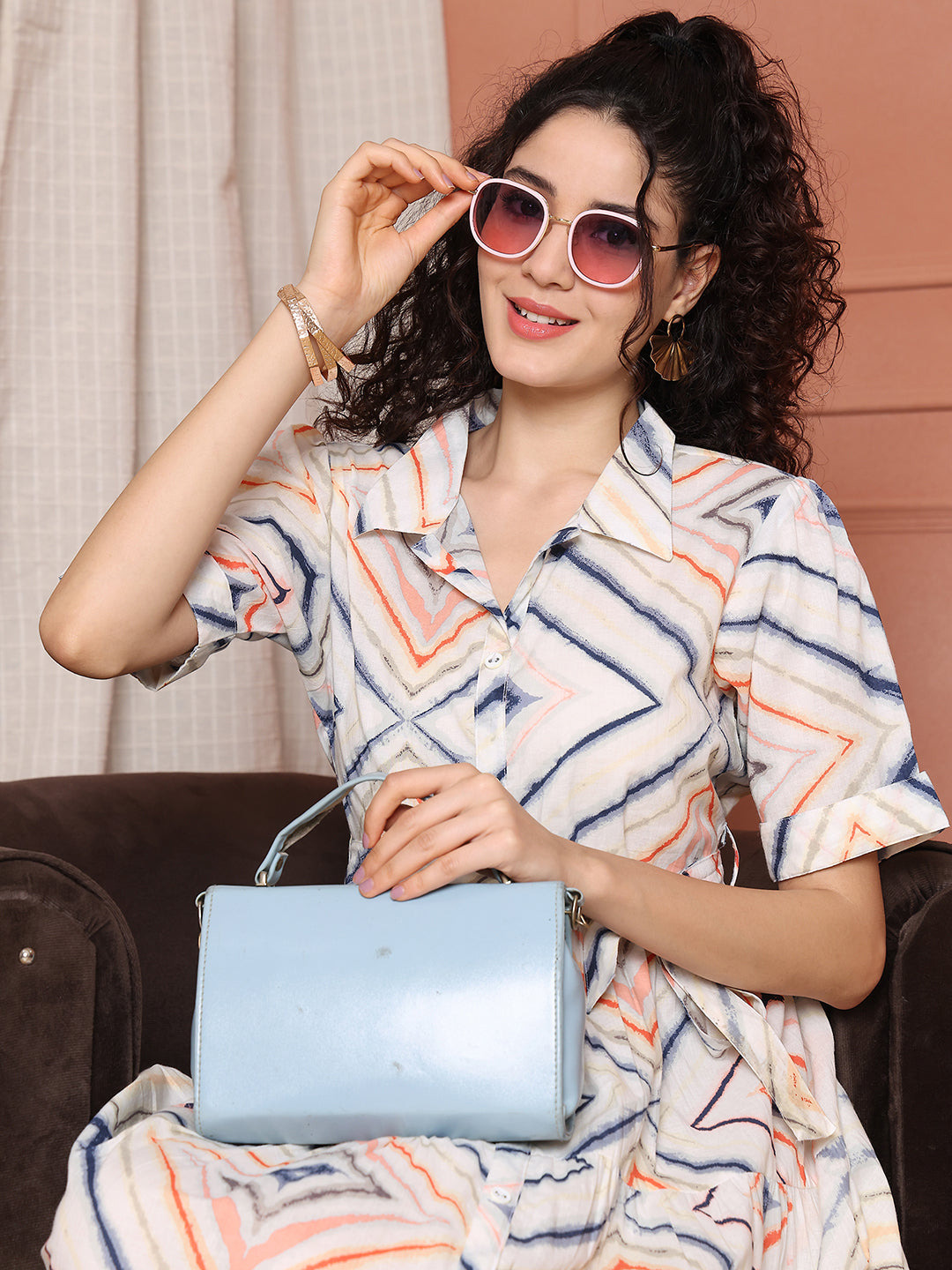 Aawari Cotton Printed Shirt Collar Dress