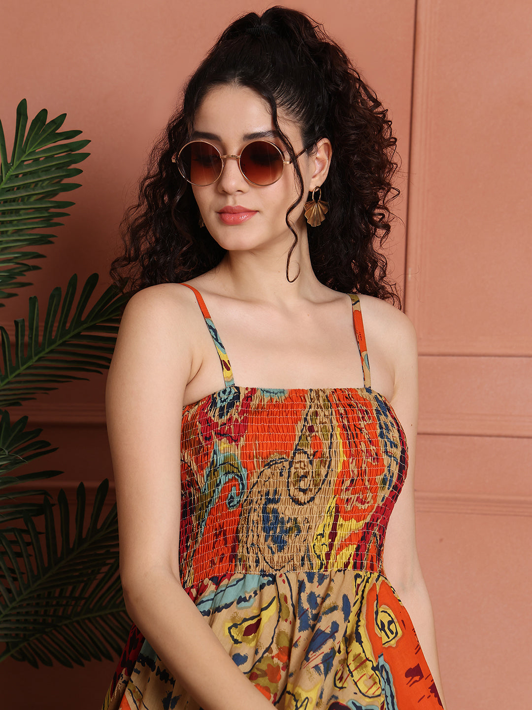 Aawari Cotton Unique Printed Spaghetti Strap Dress - Western wear