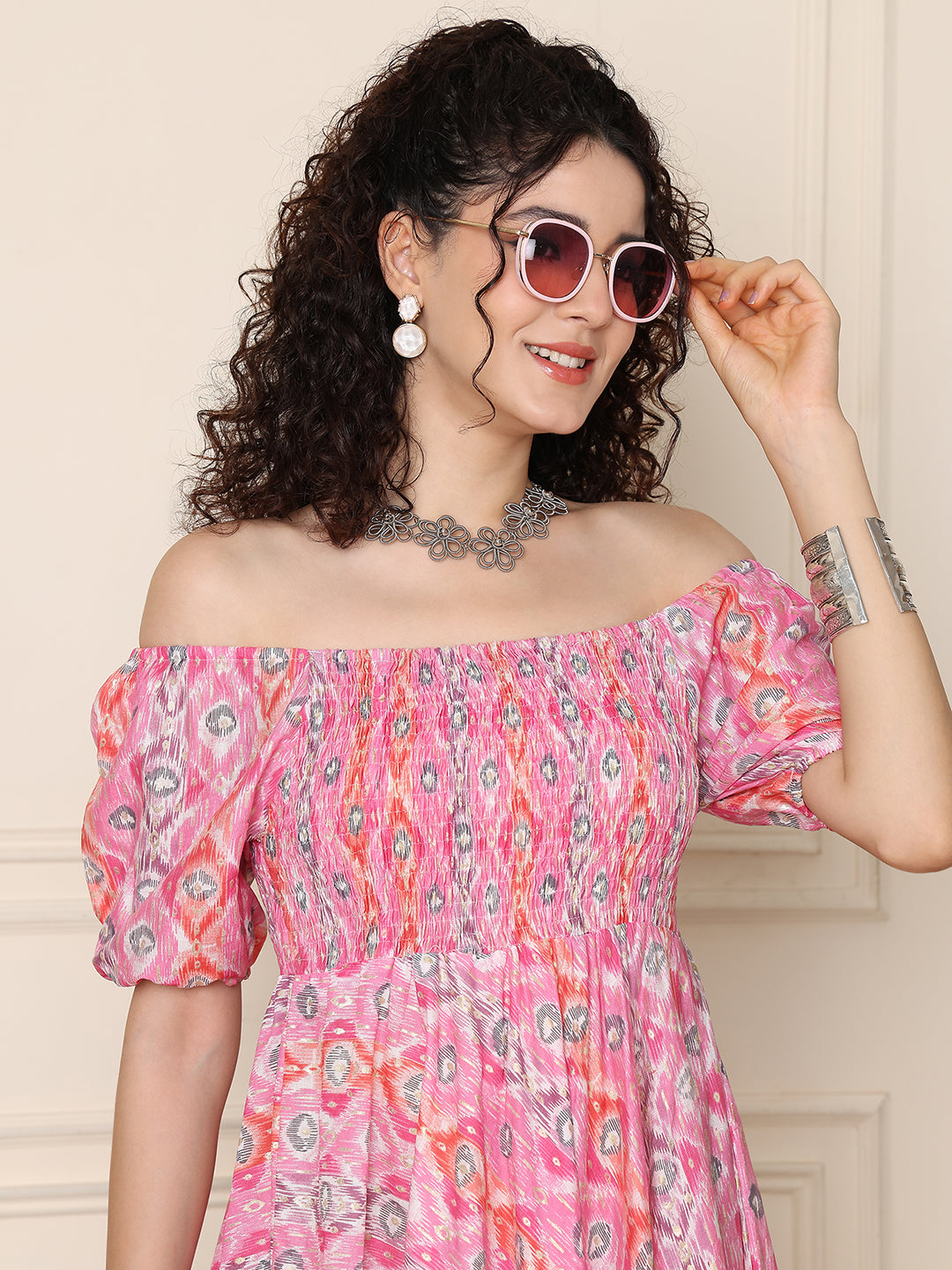 Aawari Chanderi Unique Printed Off Shoulder Dress