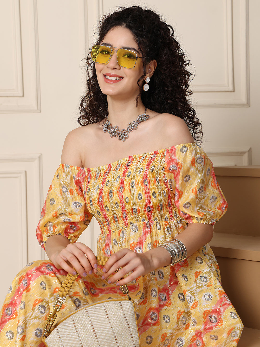 Aawari Chanderi Unique Printed Off Shoulder Dress