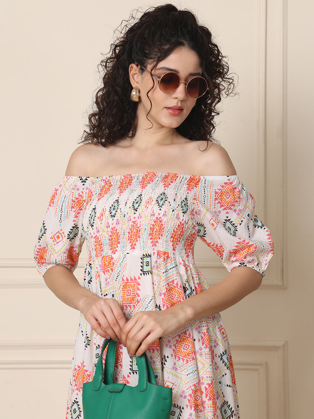 Aawari Unique Cotton Printed Off Shoulder Dress