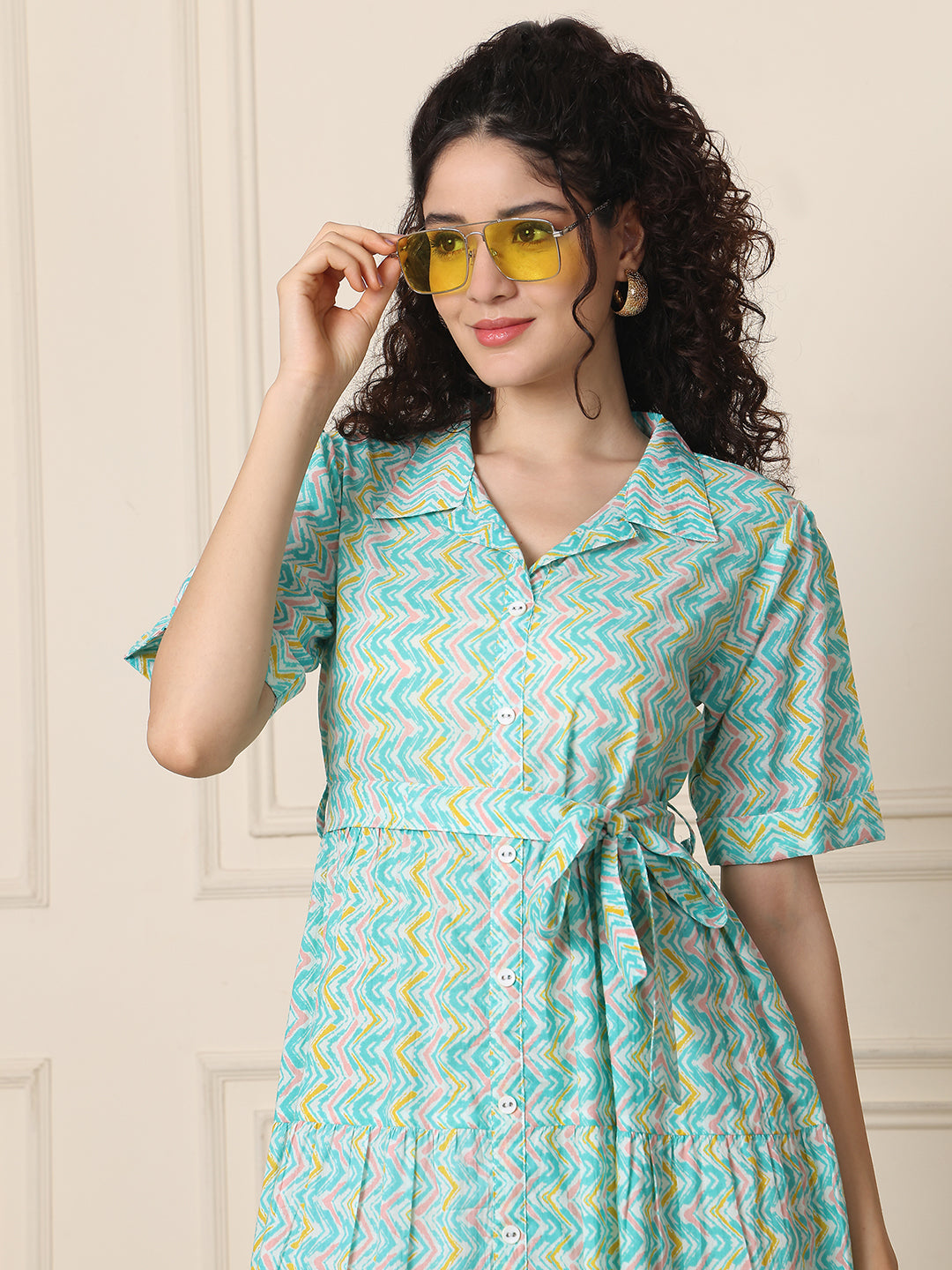 Aawari Aqua Blue ZigZag Print Shirt Dresses With Waist Belt / Western Wear