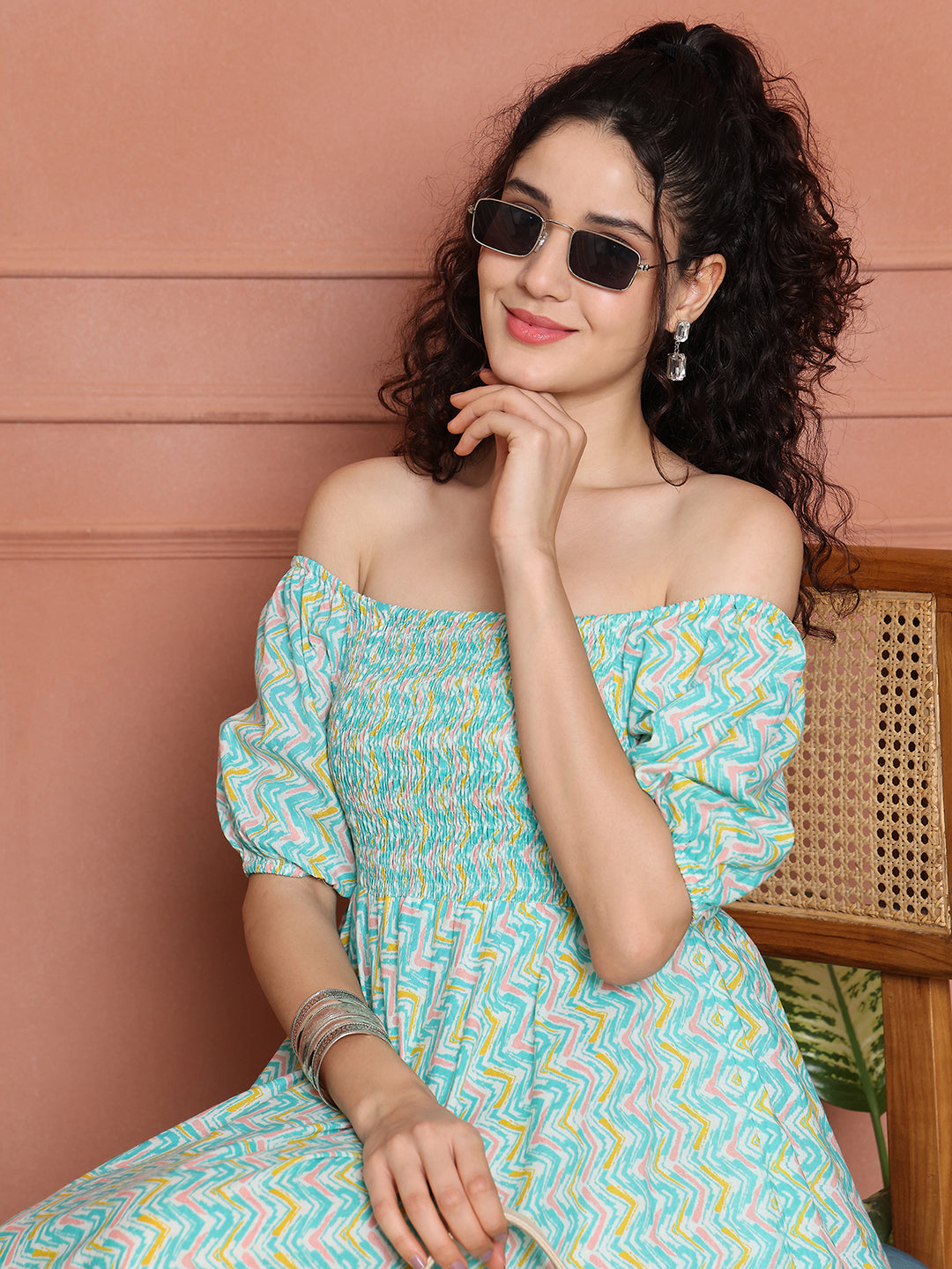 Aawari Unique Cotton Printed Off Shoulder Dress