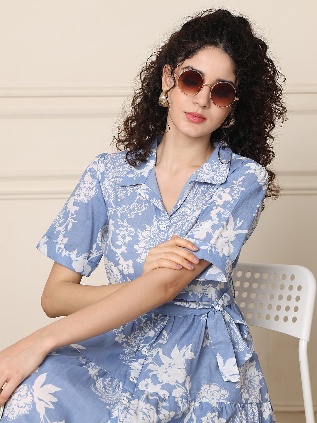 Aawari Cotton Printed Shirt Collar Dress