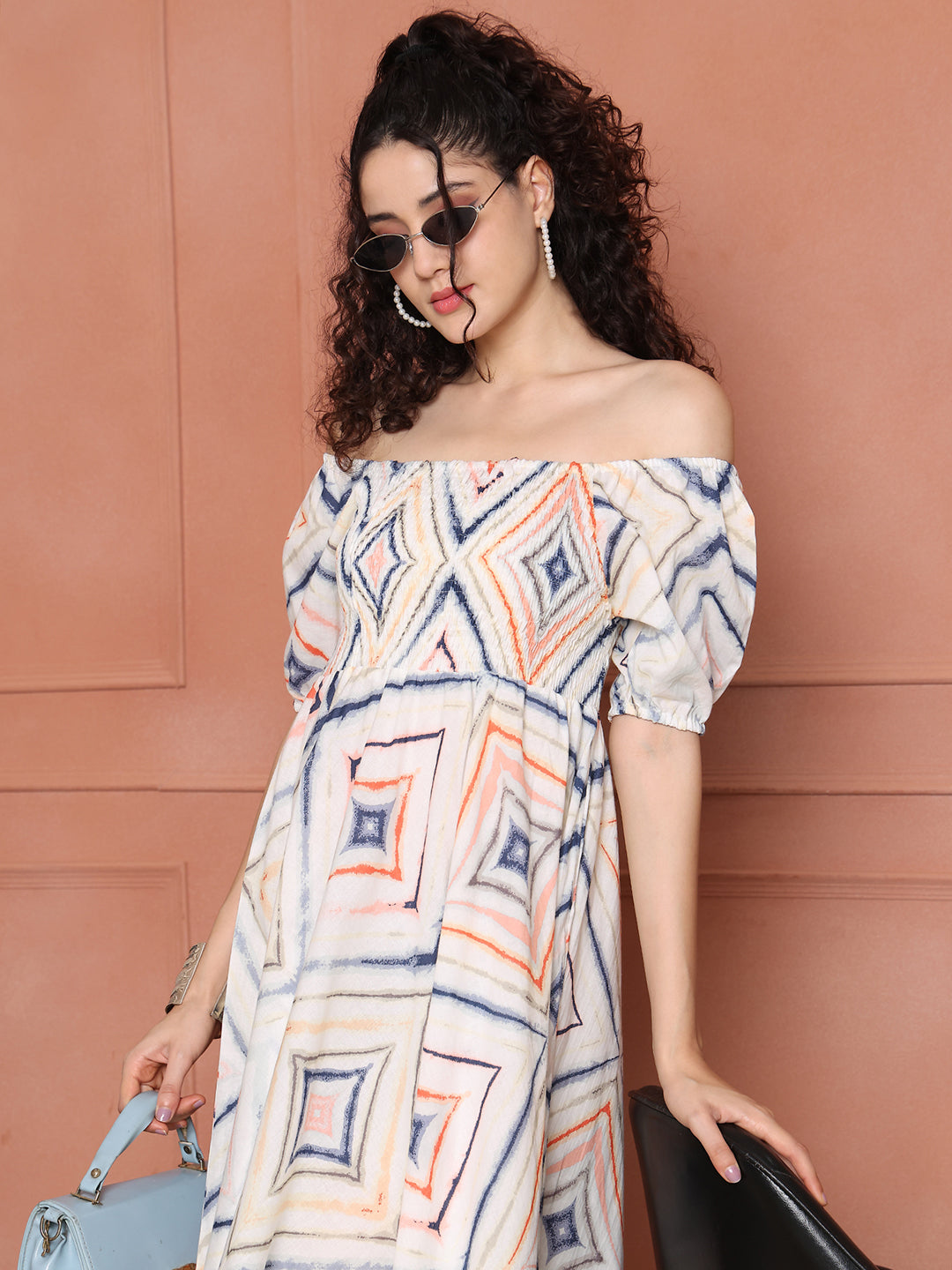 Aawari Unique Cotton Printed Off Shoulder Dress