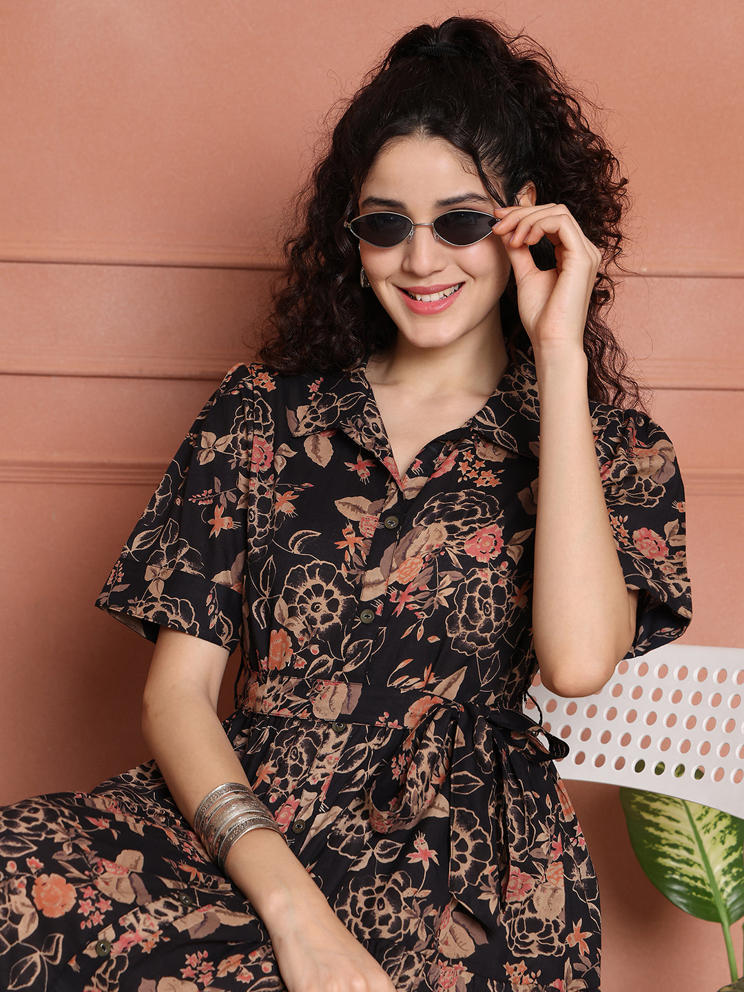 Aawari Black Floral Print Shirt Dresses With Waist Tie-Up