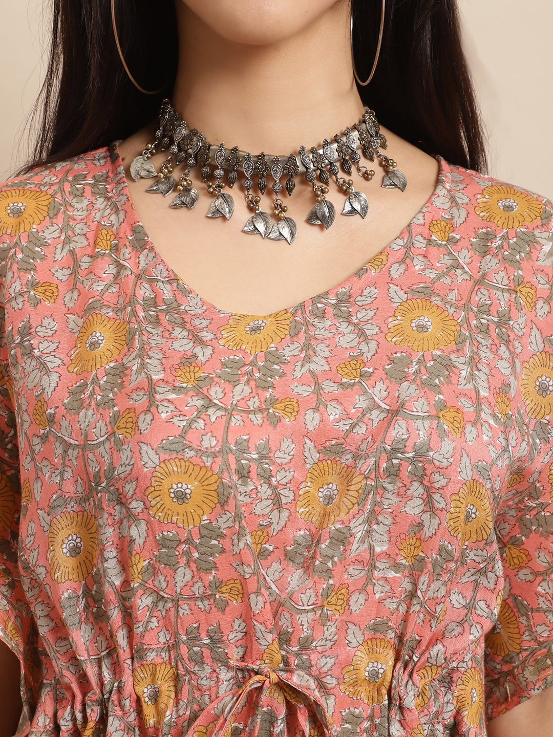 Chanderi Floral Printed Tie-Up Kaftan Gown