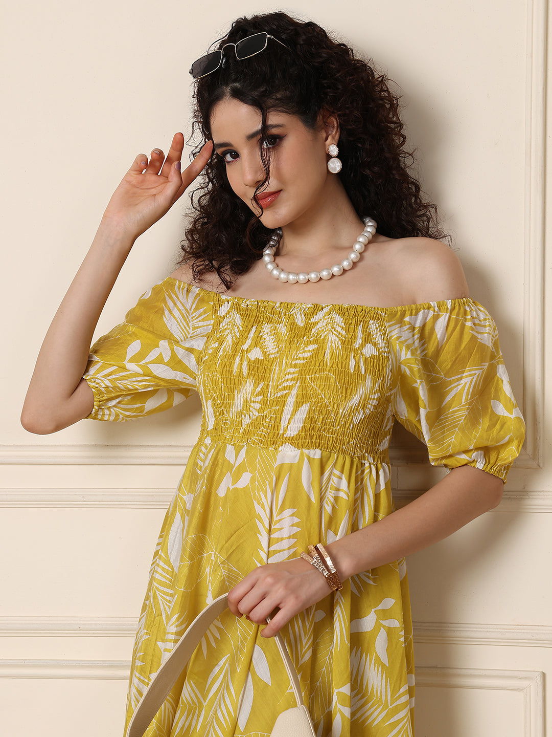 Aawari Unique Cotton Printed Off Shoulder Dress