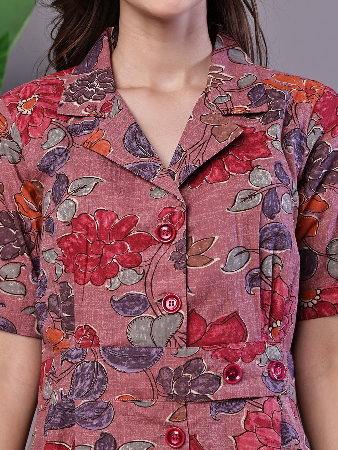 Aawari Pink Floral Cotton Pleated Midi Dress with Collar - Midi Dresses / Western Wear / Dresses