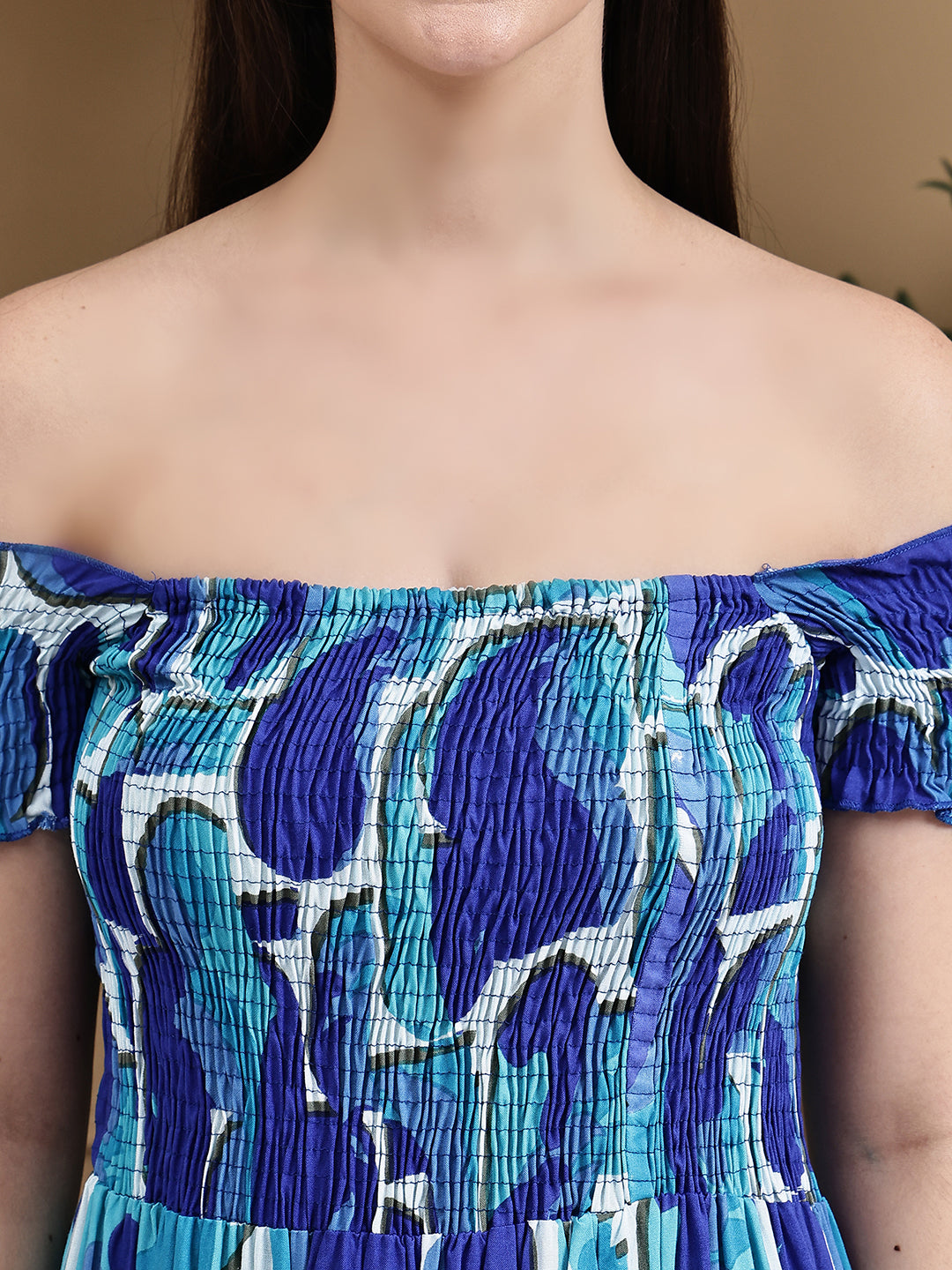 Aawari Rayon Bubbly Blue Printed Off Shoulder Dresses