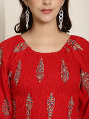 Aawari Red Patch Printed A-Line Midi Dress  With Extended Sleeves