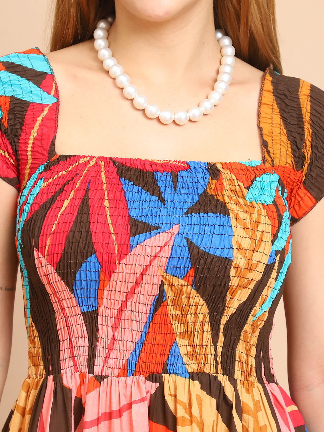 Aawari Tropical Leaf Print Cotton Flared Midi Dresses