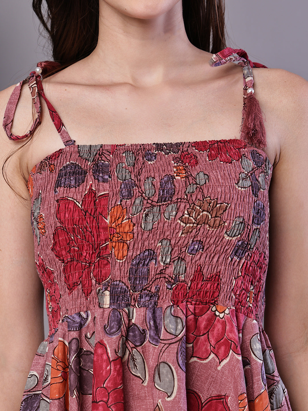 Aawari Maroon Floral Printed Cotton Handkerchief Hem Midi Dress - Midi Dresses / Western Wear