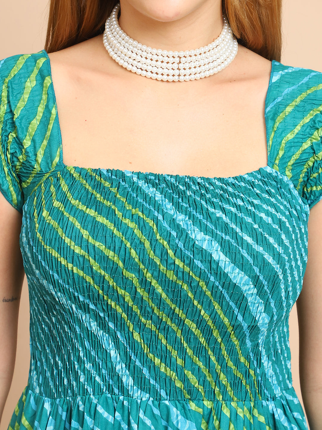 Aawari Aqua Green Cotton Bandhani Fit & Flare Midi Dress