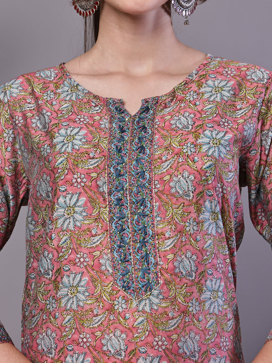 Aawari Rust Pink Chanderi Printed Kurta Set with Dupatta - Suit Sets