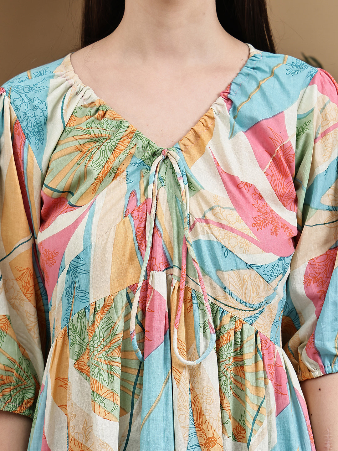 Aawari Multicolor Cotton Printed Knot Dresses With Puff Sleeves