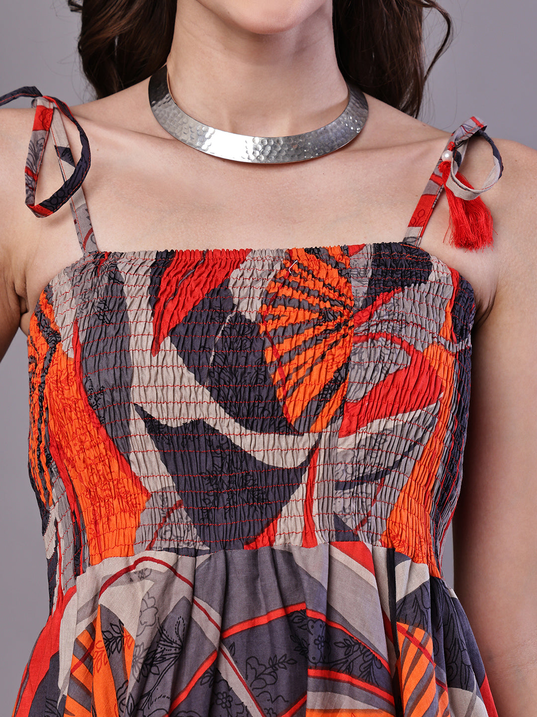 Aawari Rust & Grey Abstract Print Cotton Handkerchief Hem Dress - Midi Dresses / Western Wear