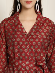 Aawari Women Maroon Chanderi Printed Shirt With Trouser