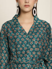 Aawari Women Green Chanderi Printed Shirt With Trouser