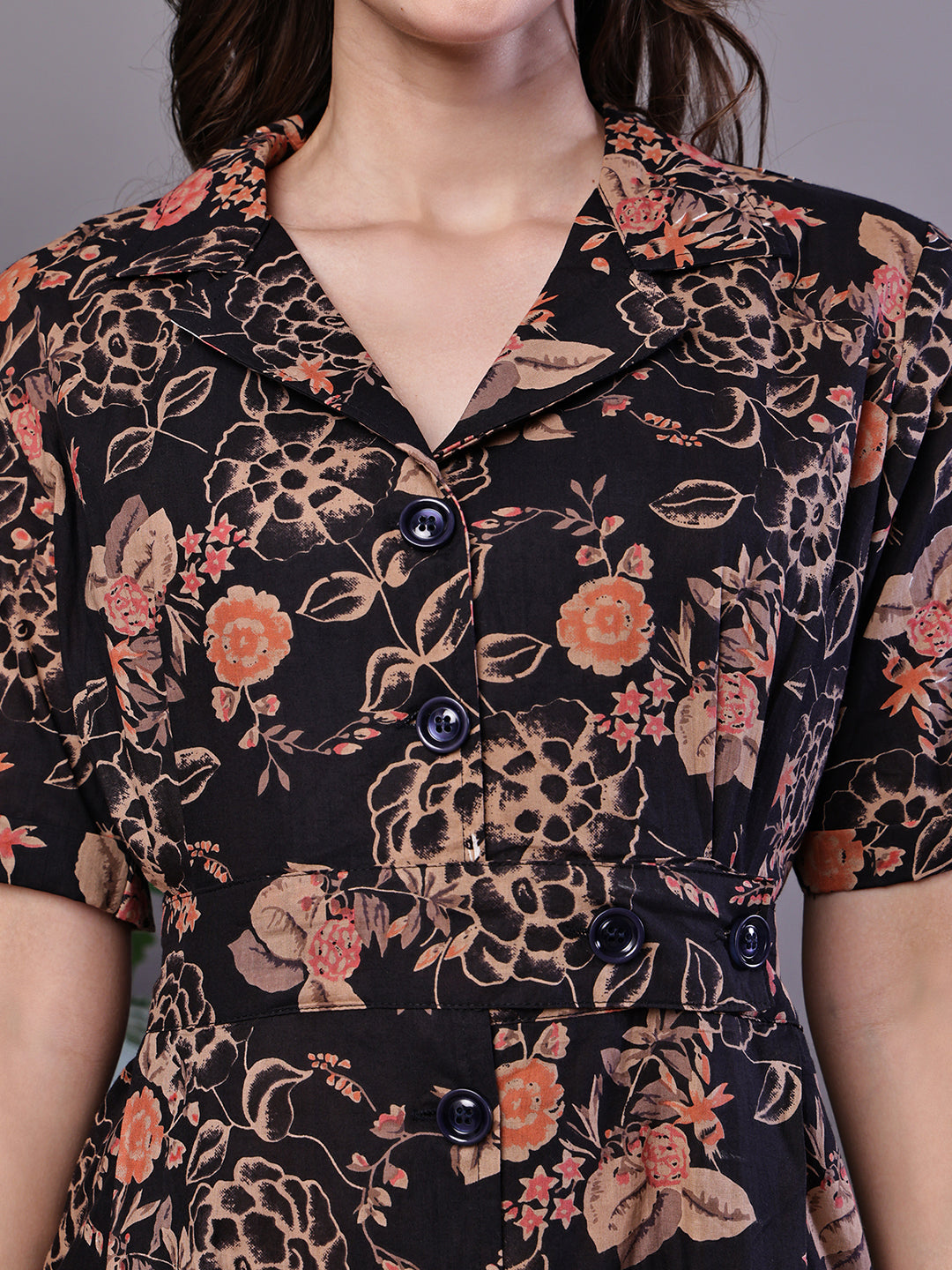 Aawari Chic Black & Rust Floral Print Button-Front Midi Dress - Midi Dresses / Western Wear / Dresses