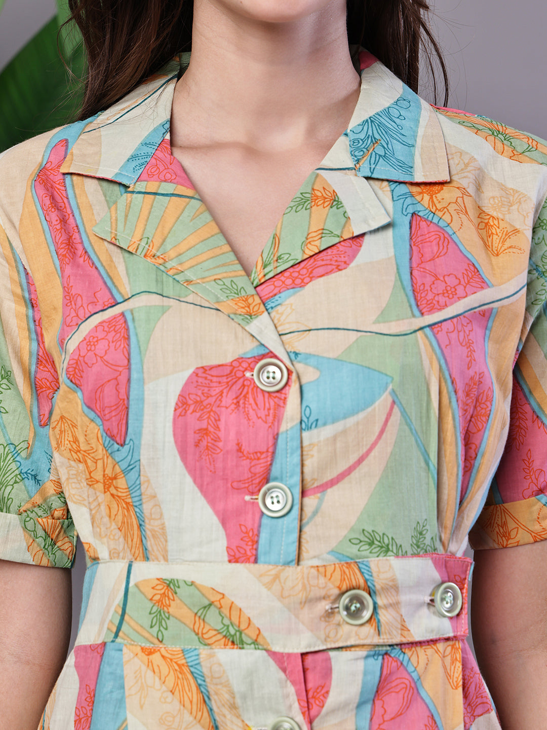 Aawari Pastel Abstract Print Button-Down Cotton Midi Dress - Midi Dresses / Western Wear / Dresses