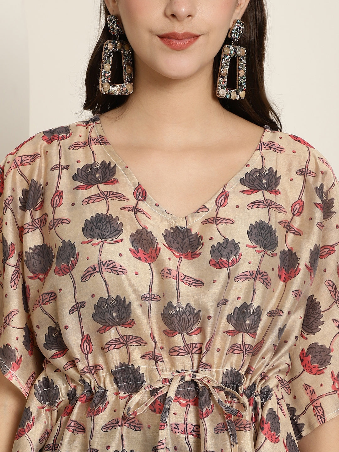 Chanderi Brown Flower Printed Kaftan Top With Bell Sleeve 