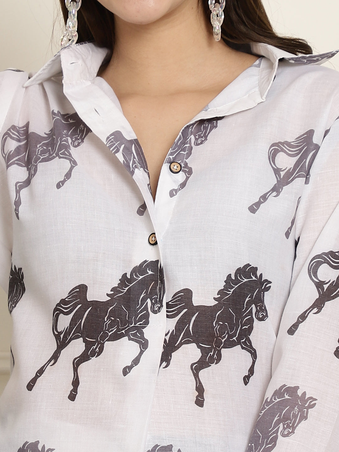 Aawari Women Cotton Horse Printed Shirt Collar Tunic With Trouser