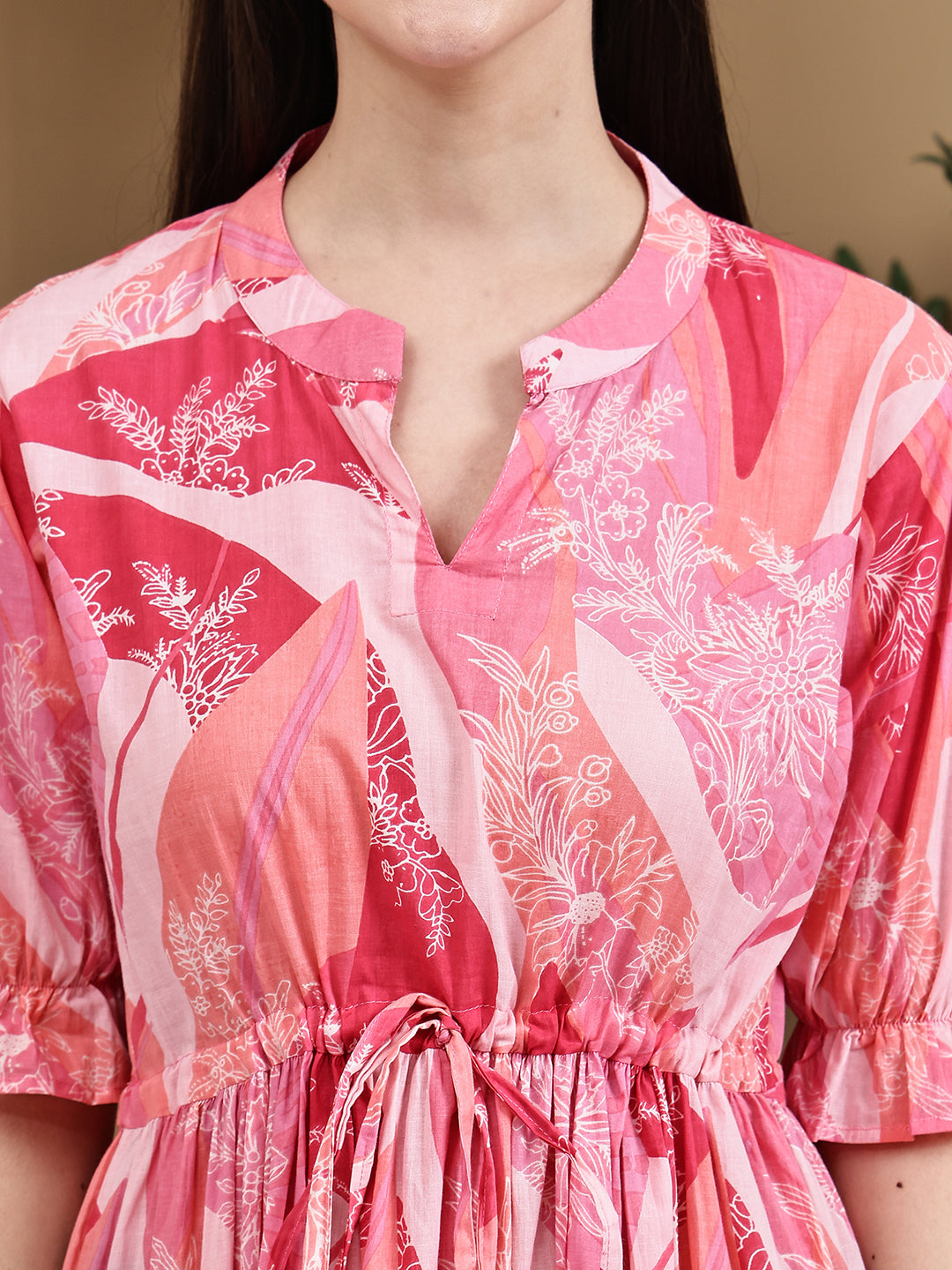 Aawari Cotton Pink Flower Printed Knot Dresses