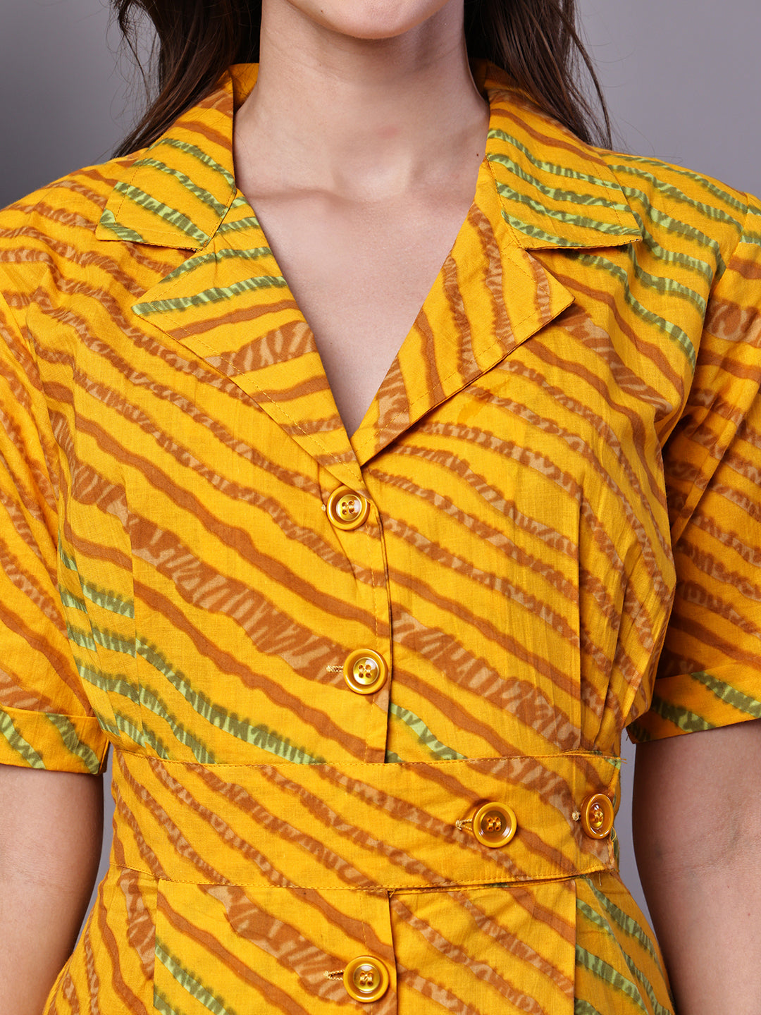 Aawari Yellow Printed Cotton Shirt Dress - Midi Dresses /  Western Wear / Dresses