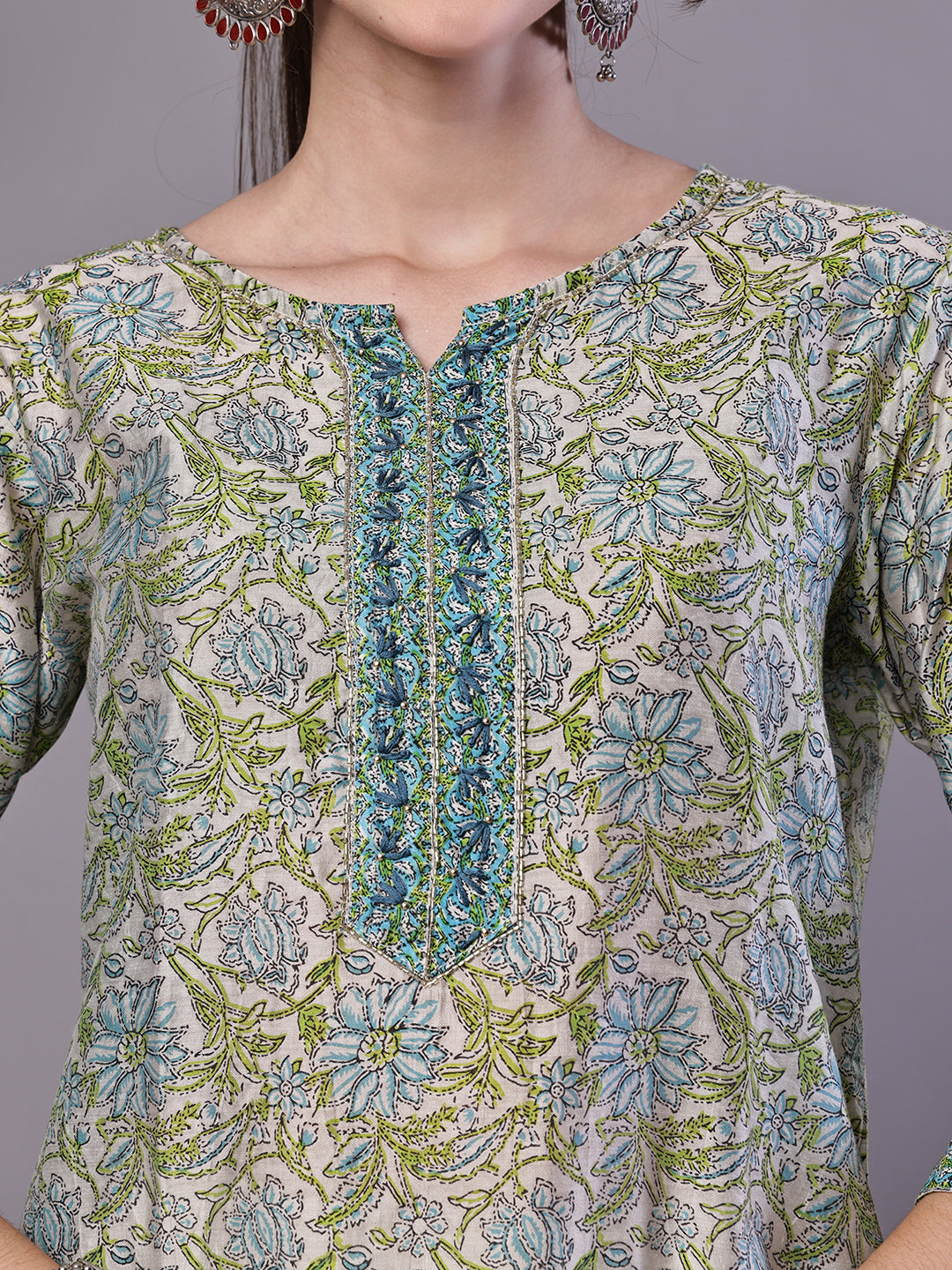 Aawari Green & Blue Floral Chanderi Printed Kurta Set with Dupatta - Suit Sets