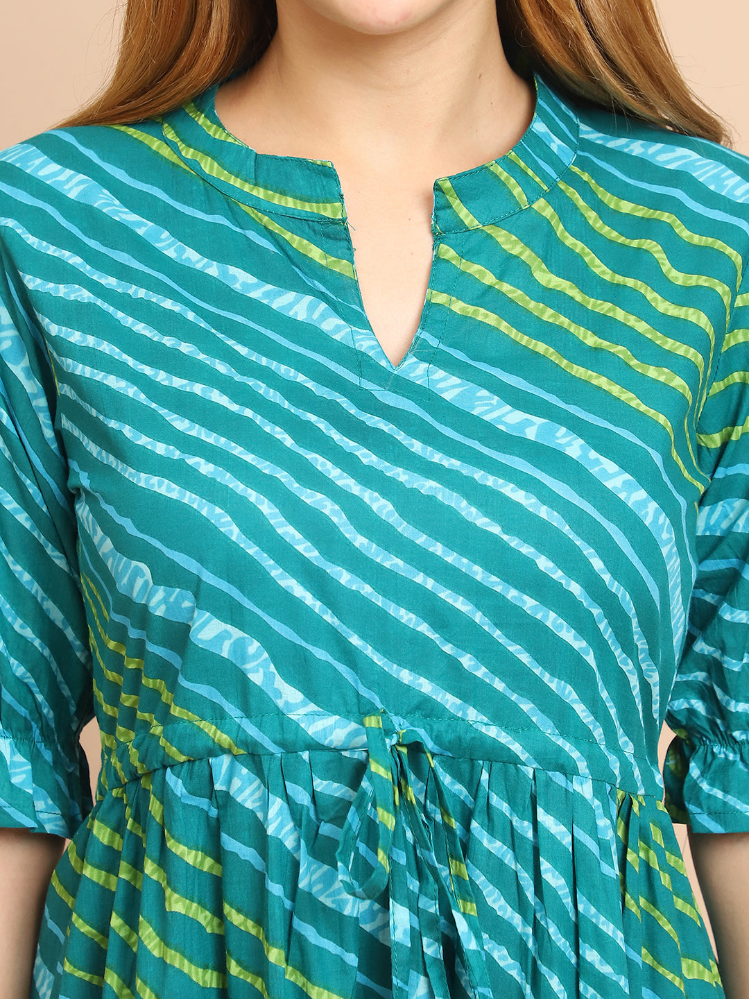 Aawari Teal & Green Striped Cotton Tiered Maxi Dress - Dresses / Western Wear / Maxi Dresses