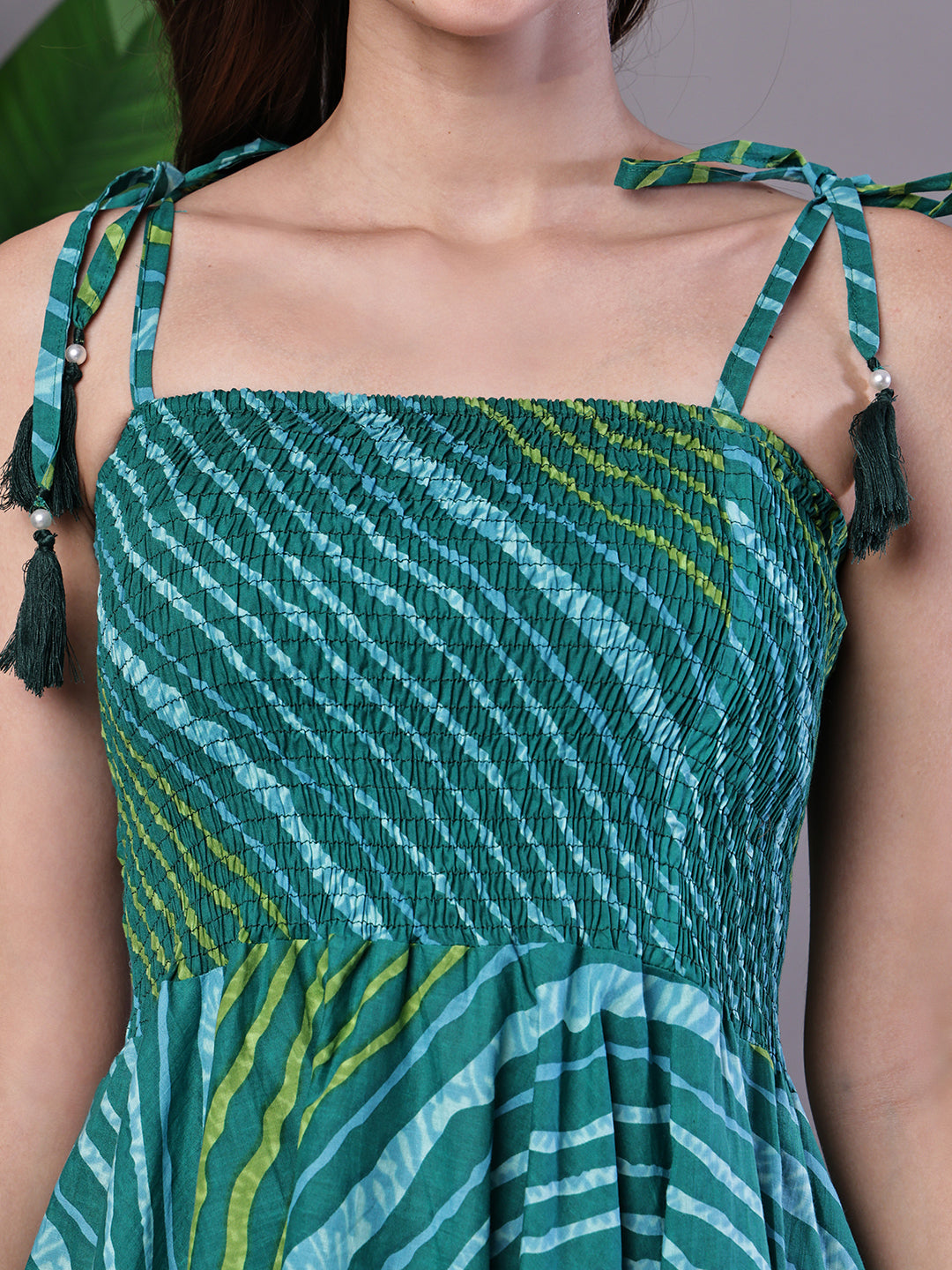 Aawari Leheriya  Asymmetrical Hem Smocked A-Line Dress - Midi Dresses / Western Wear