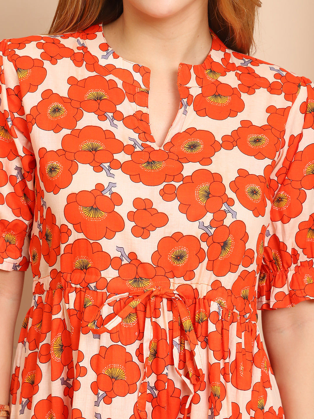 Aawari A-Line Cotton Printed Knot Dress