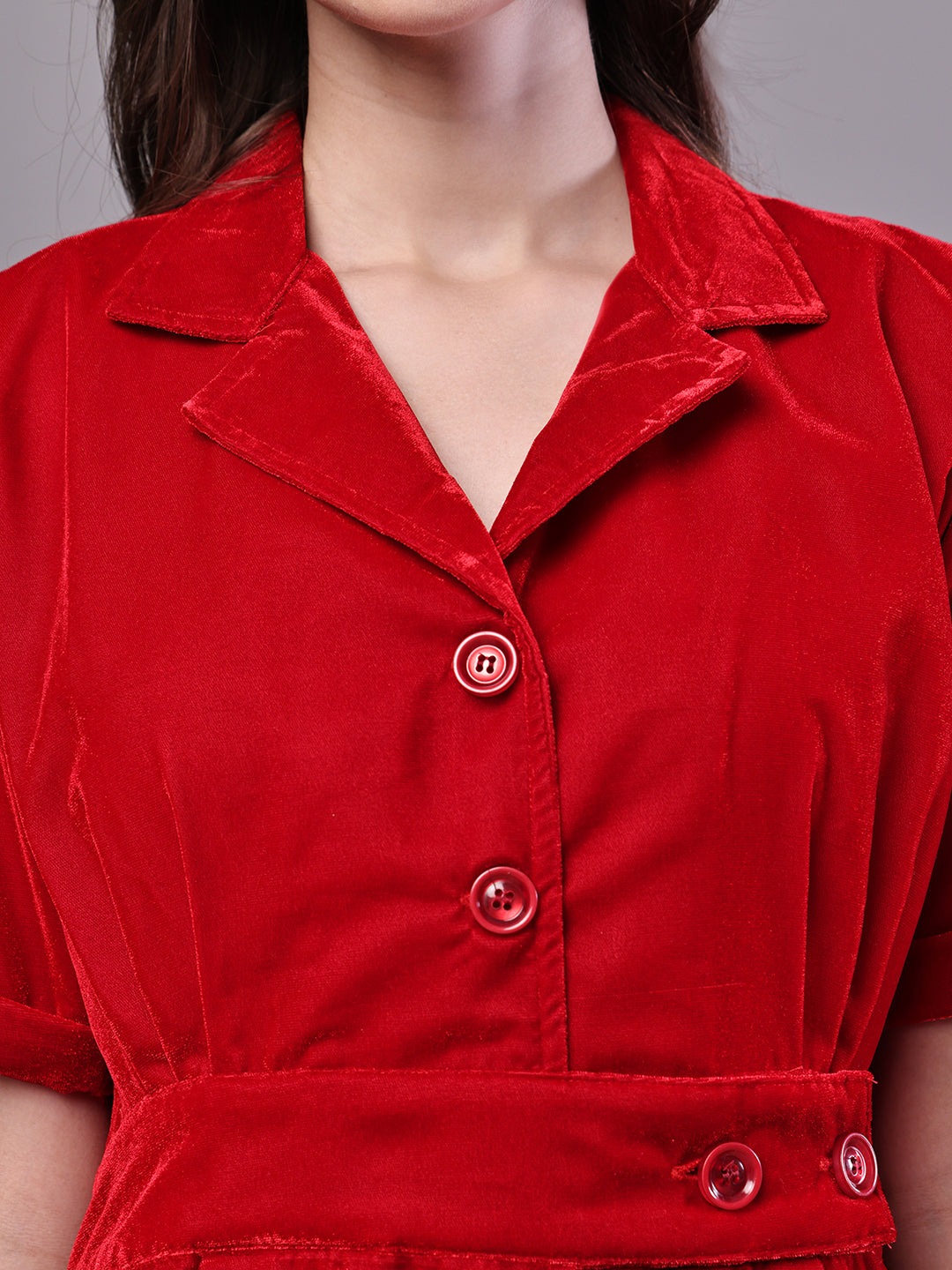 Aawari Red Velvet Shirt Style Midi Dress with Belt - Midi Dresses / Western Wear / Dresses