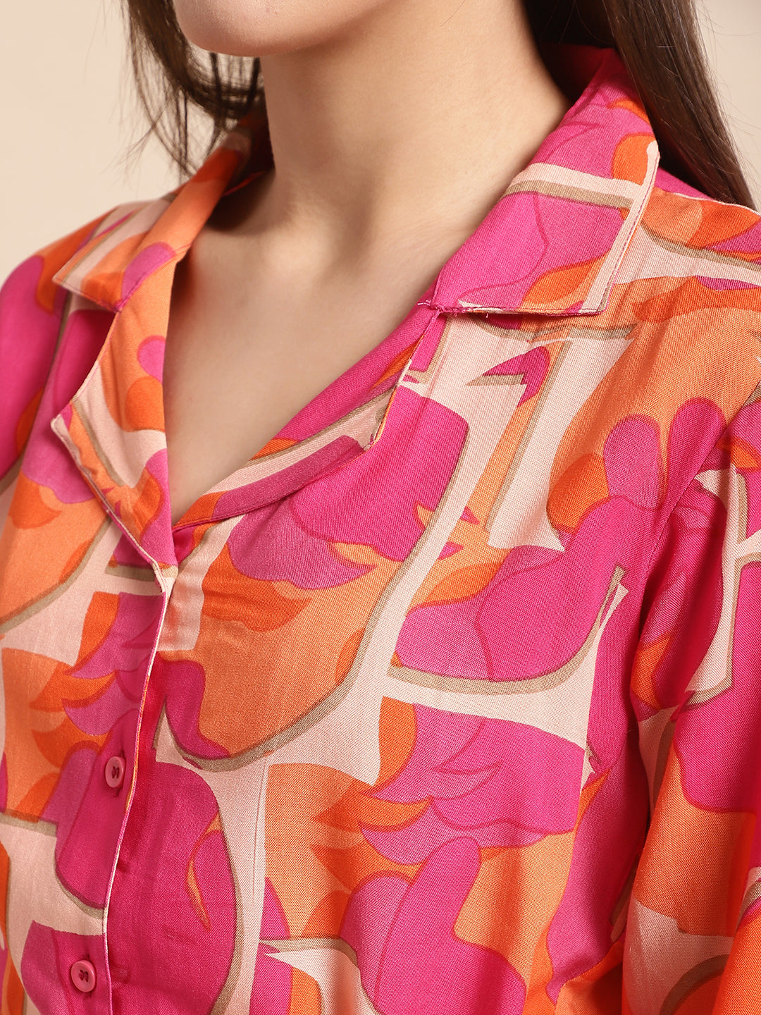 Aawari Women's Printed Co-ord Set in Pink & Orange - Rayon Casual Wear