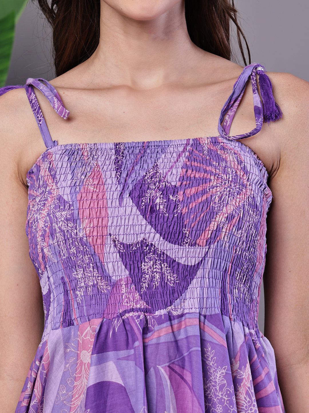 Aawari Purple Printed Cotton Handkerchief Hem Midi Dress - Midi Dresses / Western Wear