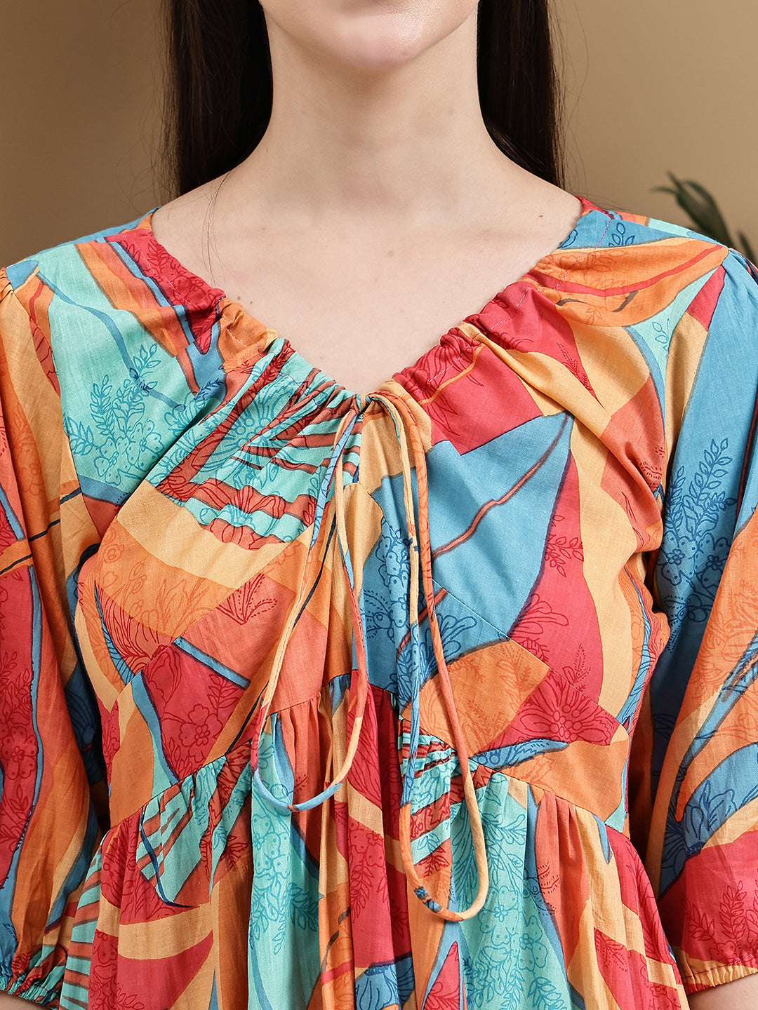 Aawari Women Cotton Printed Knot Dresses With Puff Sleeves