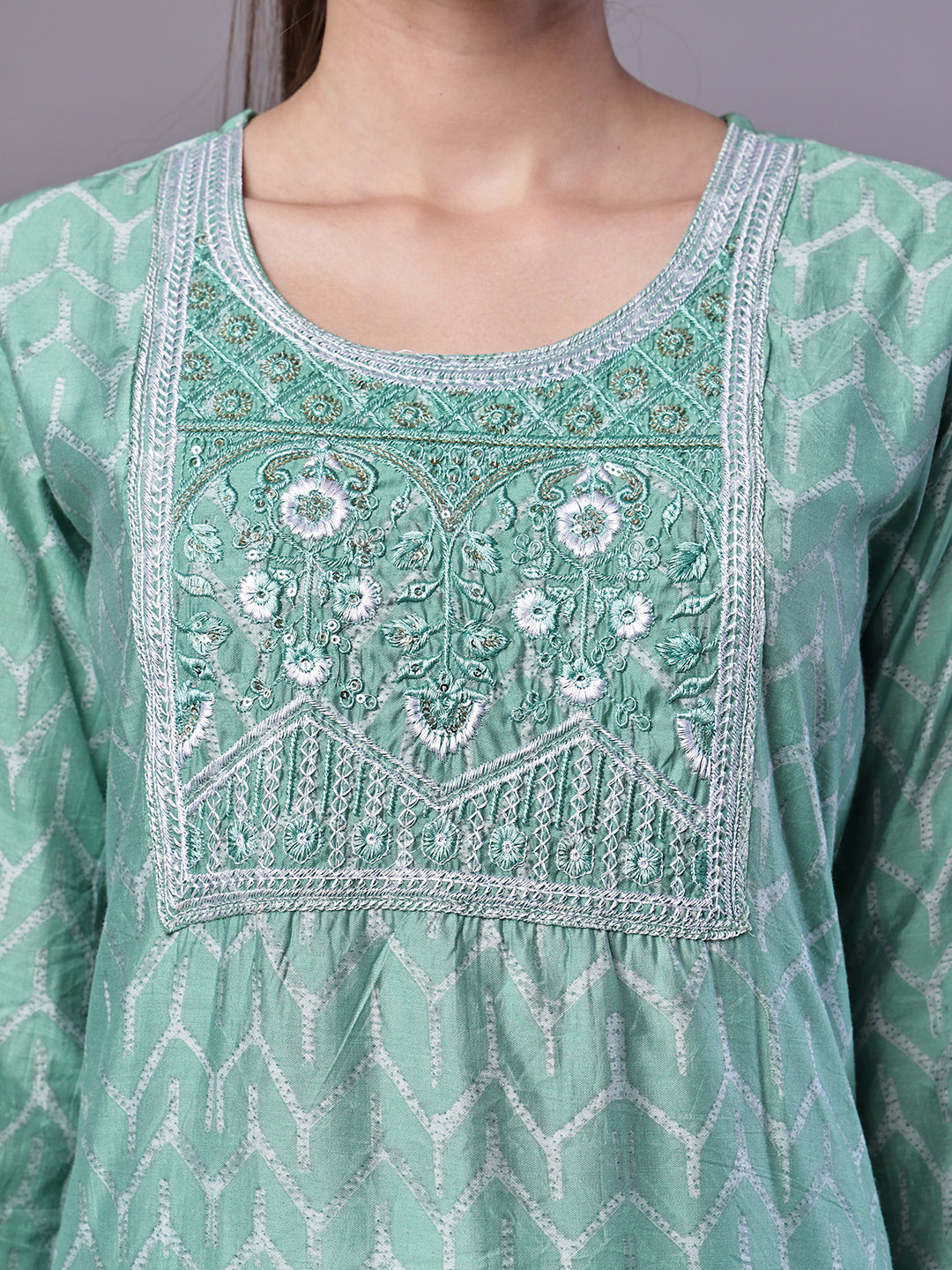 Aawari Mint Green Chanderi Embroidered Kurta Set with Dupatta - Suit Sets
