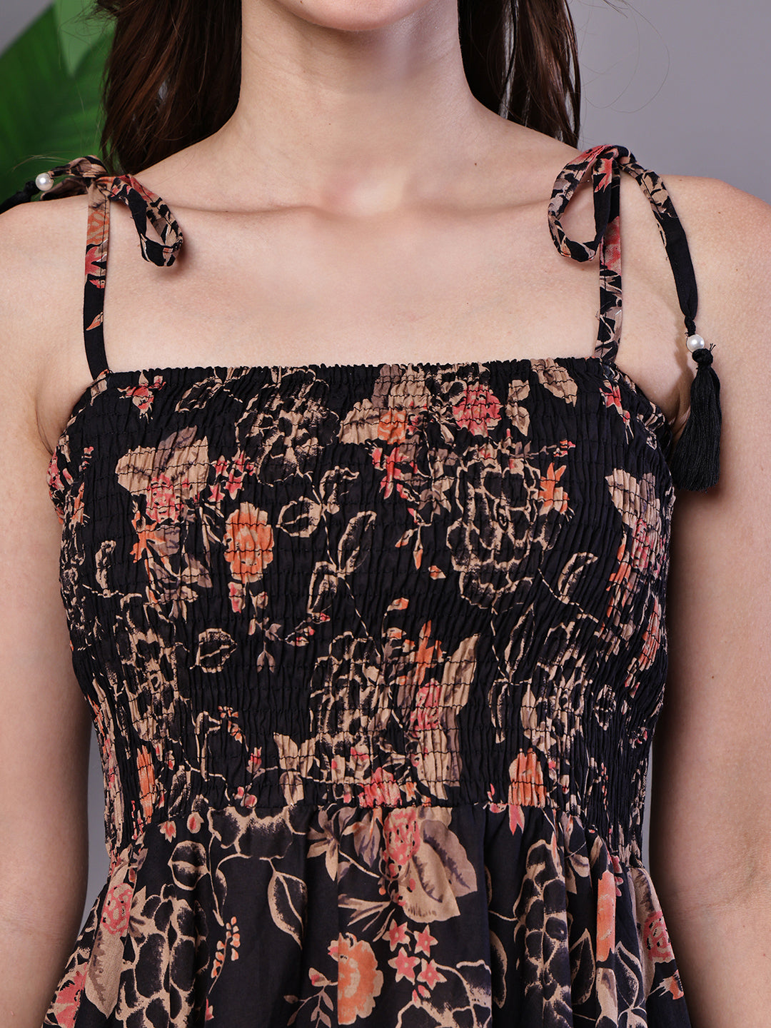 Aawari Junglee Black Floral Handkerchief Hem Cotton Dress - Midi Dresses / Western Wear