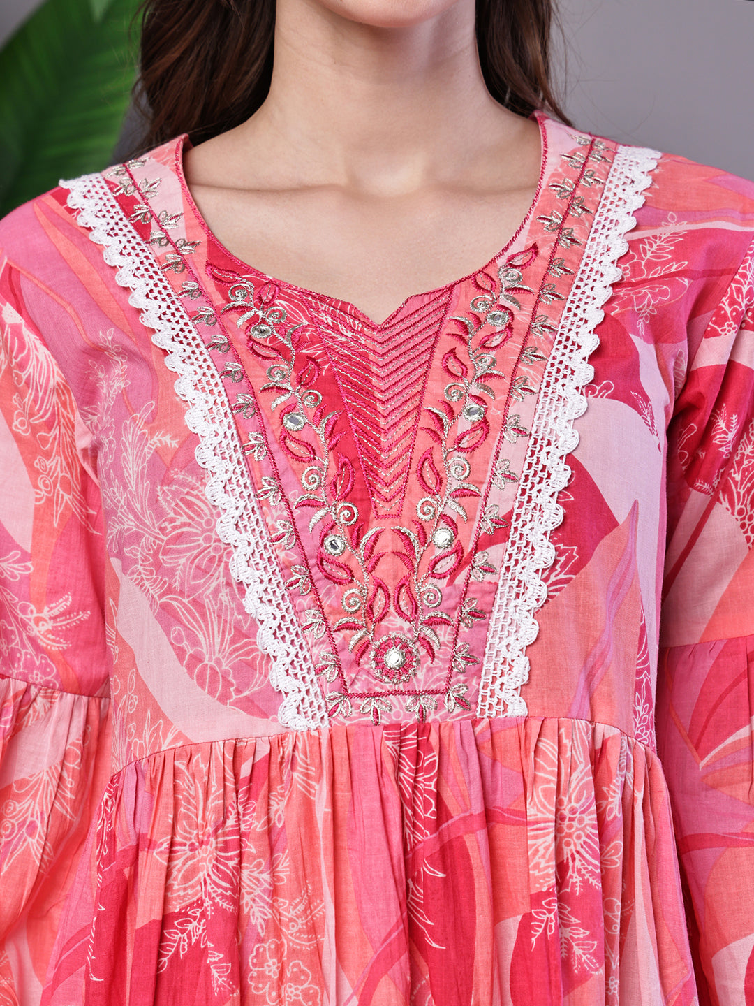 Aawari Pink Bohemian 100% Cotton Fit & Flare Dress with Lace Detailing - Midi Dresses / Western Wear