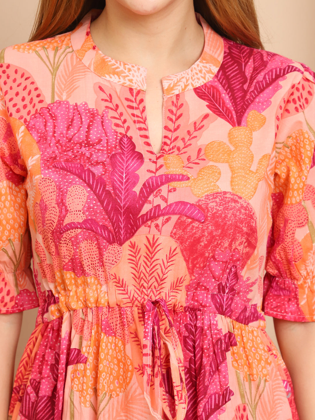 Aawari Peach  & Pink Tropical Print Cotton Maxi Dress - Dresses / Western Wear / Maxi Dresses