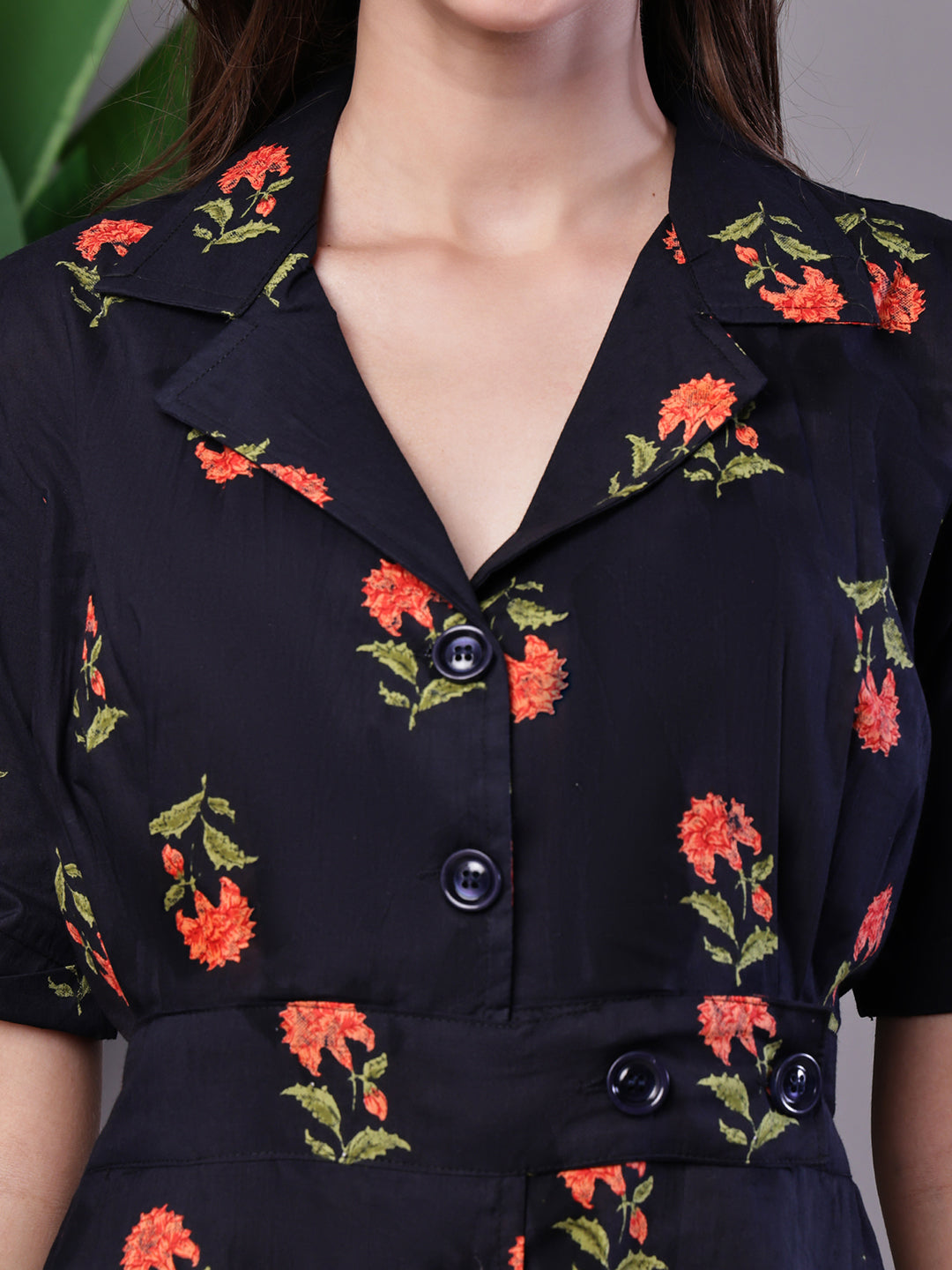 Aawari Elegant Indigo & Orange Floral Block Print Cotton Shirt Dress - Midi Dresses /  Western Wear / Dresses